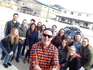 Brandon (in front) is one of the Mobilize mentors. In this group activity, Mobilizers are getting ready to have a little fun at bowling in Invermere, BC.